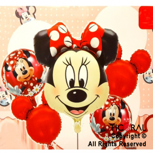 SET DE GLOBOS METALIZADO MINNIE CON OREJAS ROJAS 5 UNIDADES X 1